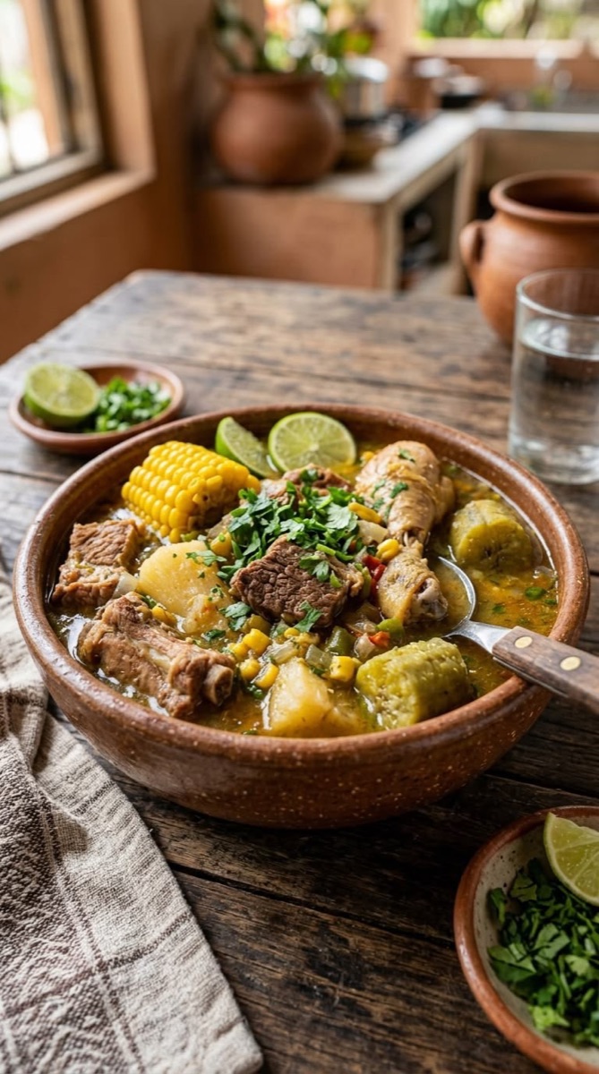 Sancocho dominicano con plátano, viandas y carne